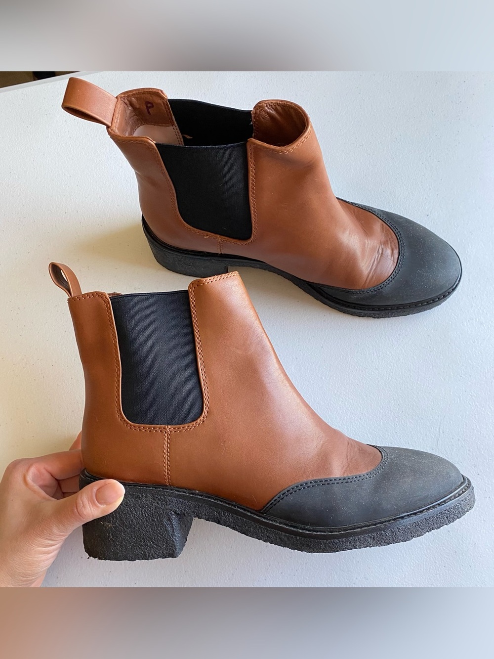 J. Crew Size 10 Red Cognac Tan Black Genuine Leather Slip-on Chelsea Block Boot